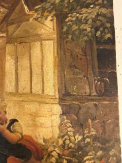 ANTIQUE OIL PAINTING OF VILLAGE SCENE WITH WOMEN CHILDREN BASKET OF BUNNIES - 4649167