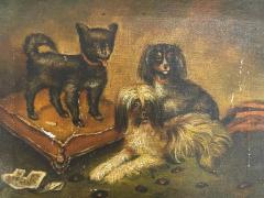 ANTIQUE THREE DOGS ON FOOTSTOOL RUG OIL PAINTING IN ORIGINAL FRAME - 4403959