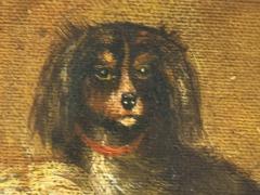 ANTIQUE THREE DOGS ON FOOTSTOOL RUG OIL PAINTING IN ORIGINAL FRAME - 4403960