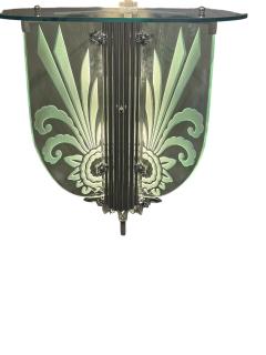 ART DECO ALUMINUM CARVED GLASS ILLUMINATED MIRROR CONSOLE VANITY WITH CHAIR - 4527814