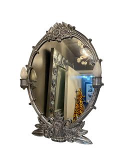 ART DECO ALUMINUM CARVED GLASS ILLUMINATED MIRROR CONSOLE VANITY WITH CHAIR - 4527819