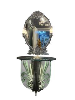 ART DECO ALUMINUM CARVED GLASS ILLUMINATED MIRROR CONSOLE VANITY WITH CHAIR - 4527820