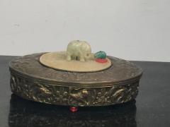 ART DECO BRASS REPOUSSE JADE ELEPHANT OVAL VANITY BOX - 768052