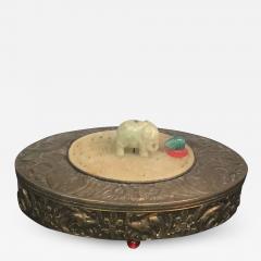 ART DECO BRASS REPOUSSE JADE ELEPHANT OVAL VANITY BOX - 770299