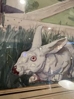 ART DECO ERA WHITE RABBIT AND WHITE FANCY PIGEON AMONGST FARMHOUSE WATERCOLOR - 3319953