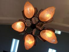 ART DECO FIVE AMBER GLASS SLIP SHADE AND ANTIQUE COPPER CHANDELIER - 3745479