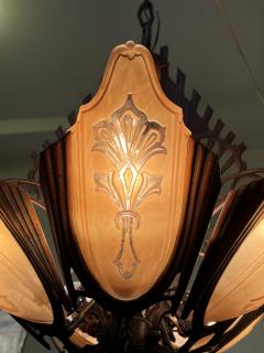 ART DECO FIVE AMBER GLASS SLIP SHADE AND ANTIQUE COPPER CHANDELIER - 3745482