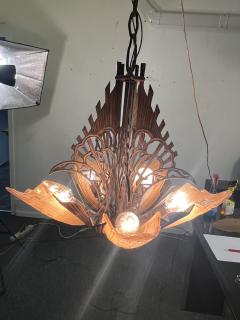 ART DECO FIVE AMBER GLASS SLIP SHADE AND ANTIQUE COPPER CHANDELIER - 3745483