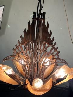 ART DECO FIVE AMBER GLASS SLIP SHADE AND ANTIQUE COPPER CHANDELIER - 3745484