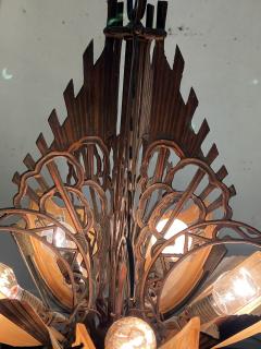 ART DECO FIVE AMBER GLASS SLIP SHADE AND ANTIQUE COPPER CHANDELIER - 3745486