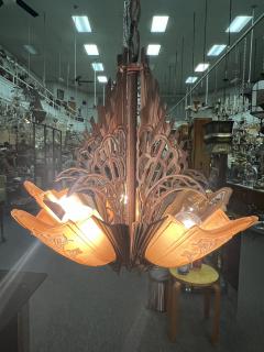 ART DECO FIVE AMBER GLASS SLIP SHADE AND ANTIQUE COPPER CHANDELIER - 3745488