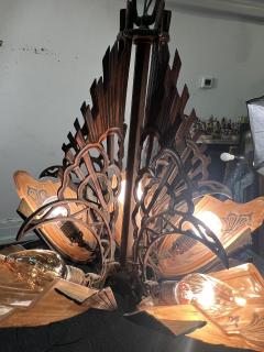 ART DECO FIVE AMBER GLASS SLIP SHADE AND ANTIQUE COPPER CHANDELIER - 3745489