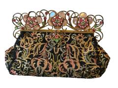 ART DECO FRENCH BEADED EMBROIDERED PURSE WITH GLASS FACETED JEWELED FRAME - 4706693