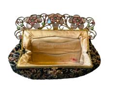 ART DECO FRENCH BEADED EMBROIDERED PURSE WITH GLASS FACETED JEWELED FRAME - 4706696