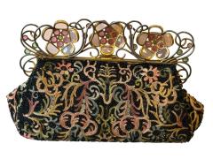 ART DECO FRENCH BEADED EMBROIDERED PURSE WITH GLASS FACETED JEWELED FRAME - 4706697
