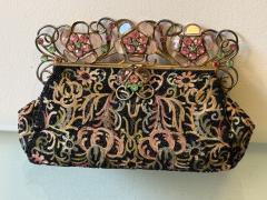 ART DECO FRENCH BEADED EMBROIDERED PURSE WITH GLASS FACETED JEWELED FRAME - 4706791