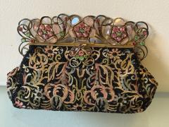 ART DECO FRENCH BEADED EMBROIDERED PURSE WITH GLASS FACETED JEWELED FRAME - 4706794
