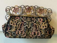 ART DECO FRENCH BEADED EMBROIDERED PURSE WITH GLASS FACETED JEWELED FRAME - 4706798