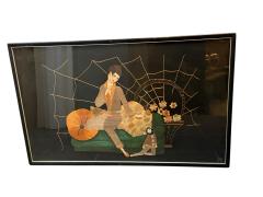 ART DECO NEEDLEWORK OF STYLIZED WOMAN SMOKING UPON DIVAN PIERROT DOLL WALL ART - 4455525