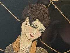 ART DECO NEEDLEWORK OF STYLIZED WOMAN SMOKING UPON DIVAN PIERROT DOLL WALL ART - 4455530