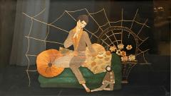 ART DECO NEEDLEWORK OF STYLIZED WOMAN SMOKING UPON DIVAN PIERROT DOLL WALL ART - 4461326