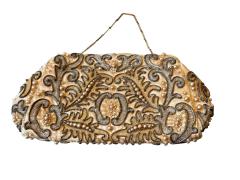 ART DECO SATIN CLUTCH SILVER CLEAR GLASS BEADING PEARLS WITH RHINESTONE CLASP - 4706663