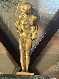 ART DECO WOMAN CHILD AND DACHSUND GILT BRONZE ON BLACK WHITE VEINED MARBLE BASE - 3876245