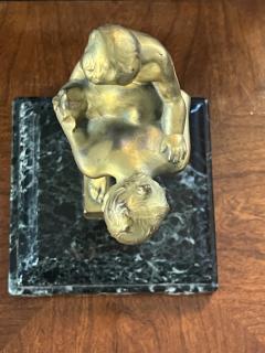 ART DECO WOMAN CHILD AND DACHSUND GILT BRONZE ON BLACK WHITE VEINED MARBLE BASE - 3876246