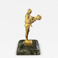 ART DECO WOMAN CHILD AND DACHSUND GILT BRONZE ON BLACK WHITE VEINED MARBLE BASE - 3884067