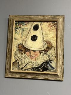 ART DECO WOMAN WITH PIERROT CONICAL HAT RUFFLED COLLAR PAINTING - 4184074