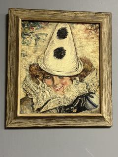 ART DECO WOMAN WITH PIERROT CONICAL HAT RUFFLED COLLAR PAINTING - 4184075