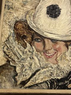 ART DECO WOMAN WITH PIERROT CONICAL HAT RUFFLED COLLAR PAINTING - 4184081