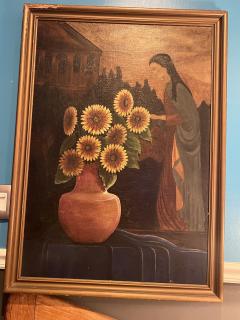 ART DECO WOMAN WITH SUNFLOWERS IN TUSCAN LANDSCAPE PAINTING SIGNED - 3319961