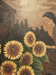 ART DECO WOMAN WITH SUNFLOWERS IN TUSCAN LANDSCAPE PAINTING SIGNED - 3319964