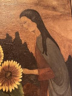 ART DECO WOMAN WITH SUNFLOWERS IN TUSCAN LANDSCAPE PAINTING SIGNED - 3319969