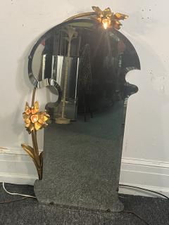 ART NOUVEAU CURVACEOUS BEVELED MIRROR WITH CARVED GILT WOOD FLOWER SCONCES - 4142568