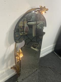 ART NOUVEAU CURVACEOUS BEVELED MIRROR WITH CARVED GILT WOOD FLOWER SCONCES - 4142572