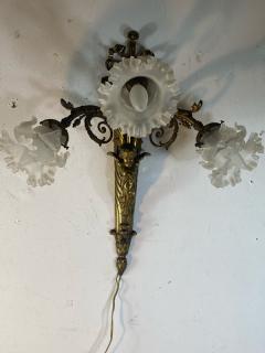 ART NOUVEAU FRENCH BRONZE CUPID SCONCE WITH THREE FANCY GLASS FLOWER SHADES - 1851504