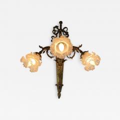 ART NOUVEAU FRENCH BRONZE CUPID SCONCE WITH THREE FANCY GLASS FLOWER SHADES - 1853868