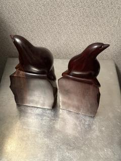 ARTIST CARVED HARDWOOD SEAL WITH BLACK ONYX EYES BOOKENDS - 4398548