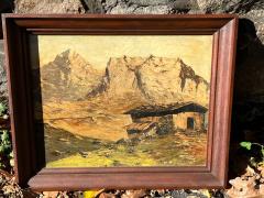 ATMOSPHERIC GOLD MINERS CABIN AMONGST MOUNTAINS PAINTING - 2893812