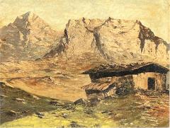 ATMOSPHERIC GOLD MINERS CABIN AMONGST MOUNTAINS PAINTING - 2922323