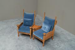 Abraham Sprij Abraham Sprij Pair of Lounge Chairs in Solid Oak and Blue Velvet 1960s - 4396329
