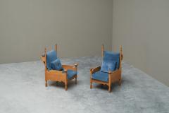 Abraham Sprij Abraham Sprij Pair of Lounge Chairs in Solid Oak and Blue Velvet 1960s - 4396335