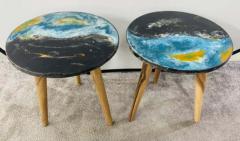 Abstract Art Design Epoxy Resin Top Walnut Legs End or Side Table a Pair - 2866180