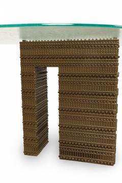 Abstract Geometric Three Metal Pedestal Seeded Glass Top Dining Table - 2794217