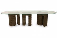 Abstract Geometric Three Metal Pedestal Seeded Glass Top Dining Table - 2794224