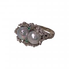 Abstract Modern Nugget 14K White Gold Pearl and Emerald Ring C 1970 - 475780