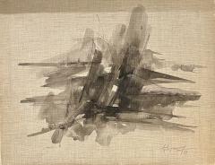 Abstract ink wash on linen panel by Jean Signovert France 1979  - 3548696