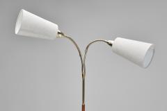 Adjustable Two Armed Wood and Brass Floor Lamp Europe ca 1940s - 4753620